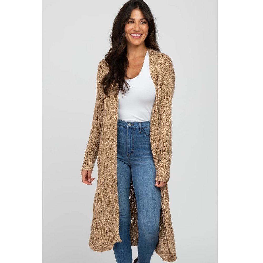 NWT Mittoshop Ribbed Knit Long Open Front Cardigan Tan Women Size S